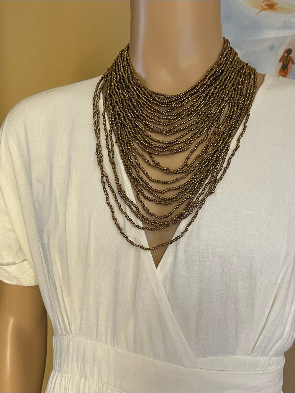 Urban Outfitters White Linen Blend Wrap Midi Dress + Statement Necklace | Size S